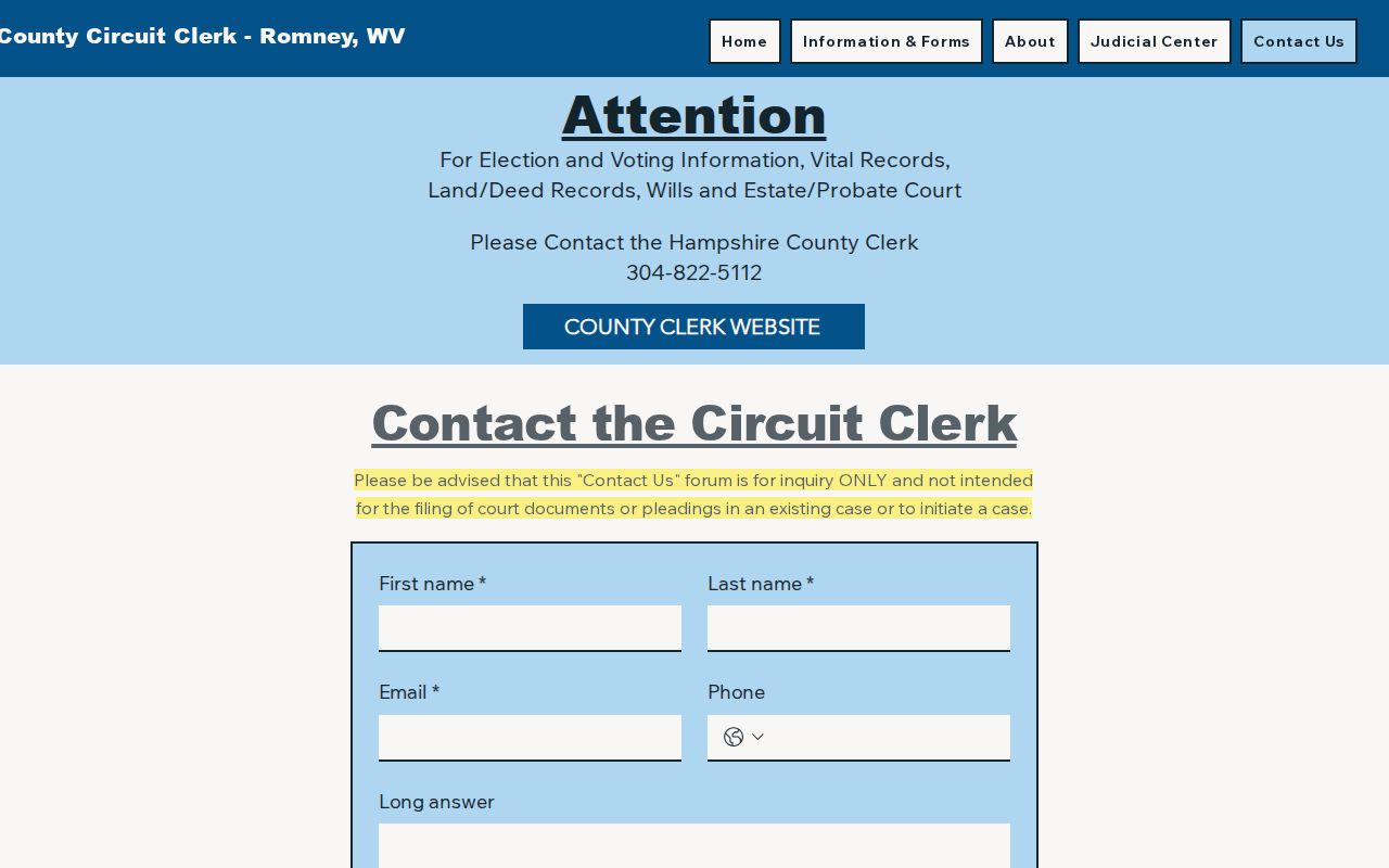 Hampshire County deed and land claim questions routed to the Circuit Clerk