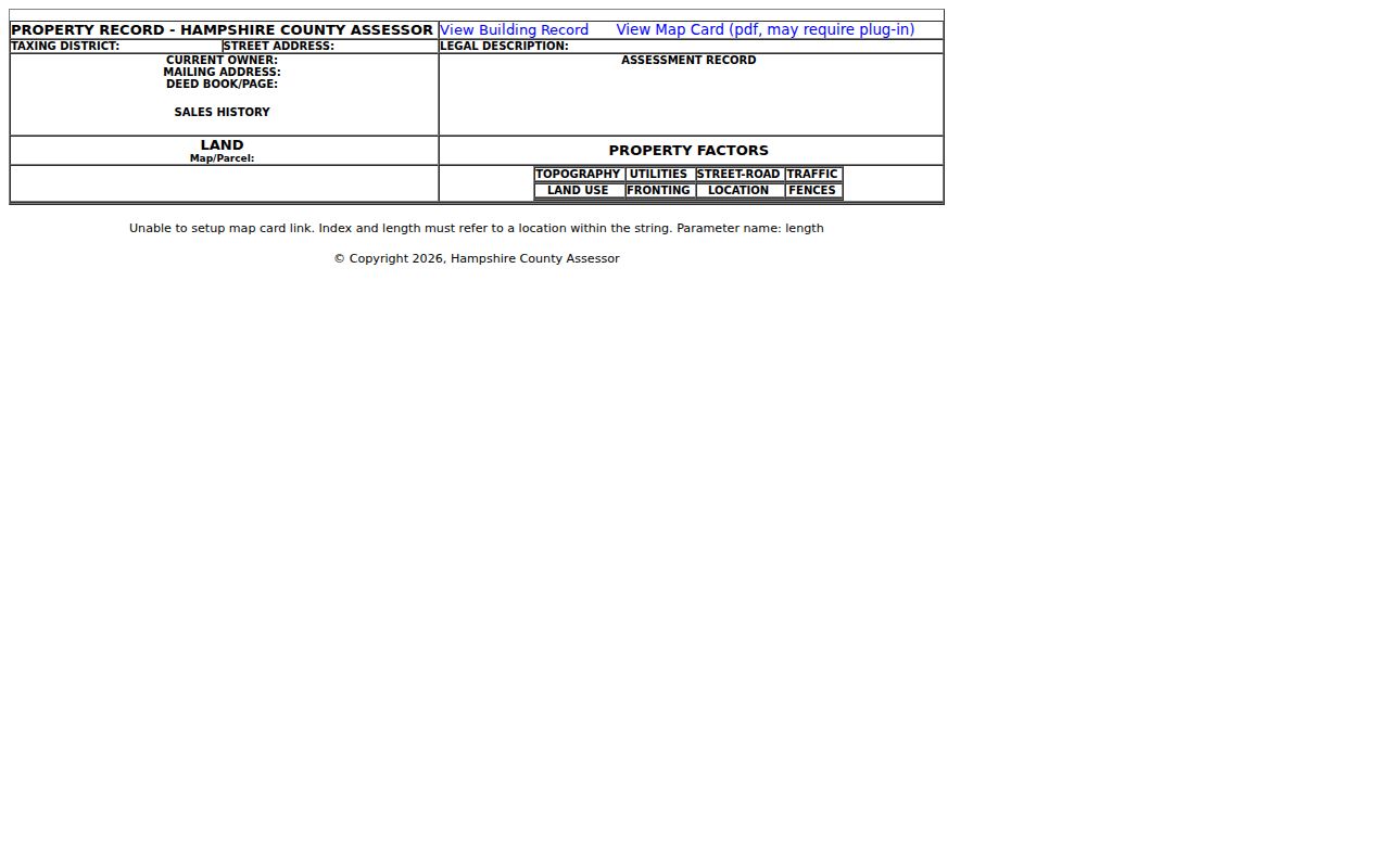 Hampshire County assessor property card showing current owner, mailing, situs, and deed fields