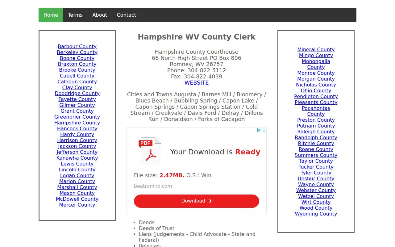 Hampshire County Clerk land-record index with deed, lien, plat, and release categories